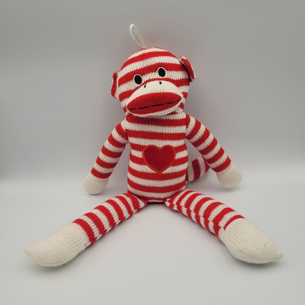 Sock Monkey Red White Stripe Red Heart Plush 15” Stuffed Animal Hanging Loop Toy